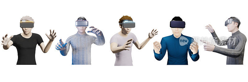 在Metaverse世界设置的半人PNG vr头盔人像人类用户社交媒体头像，包括在白色背景上隔离的3d插图和剪切路径
